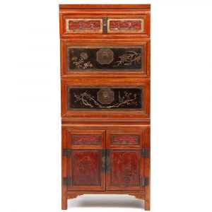 Early 20th century Chinese wedding chest and cabinet set - front view showing the relief carving of birds and flowers