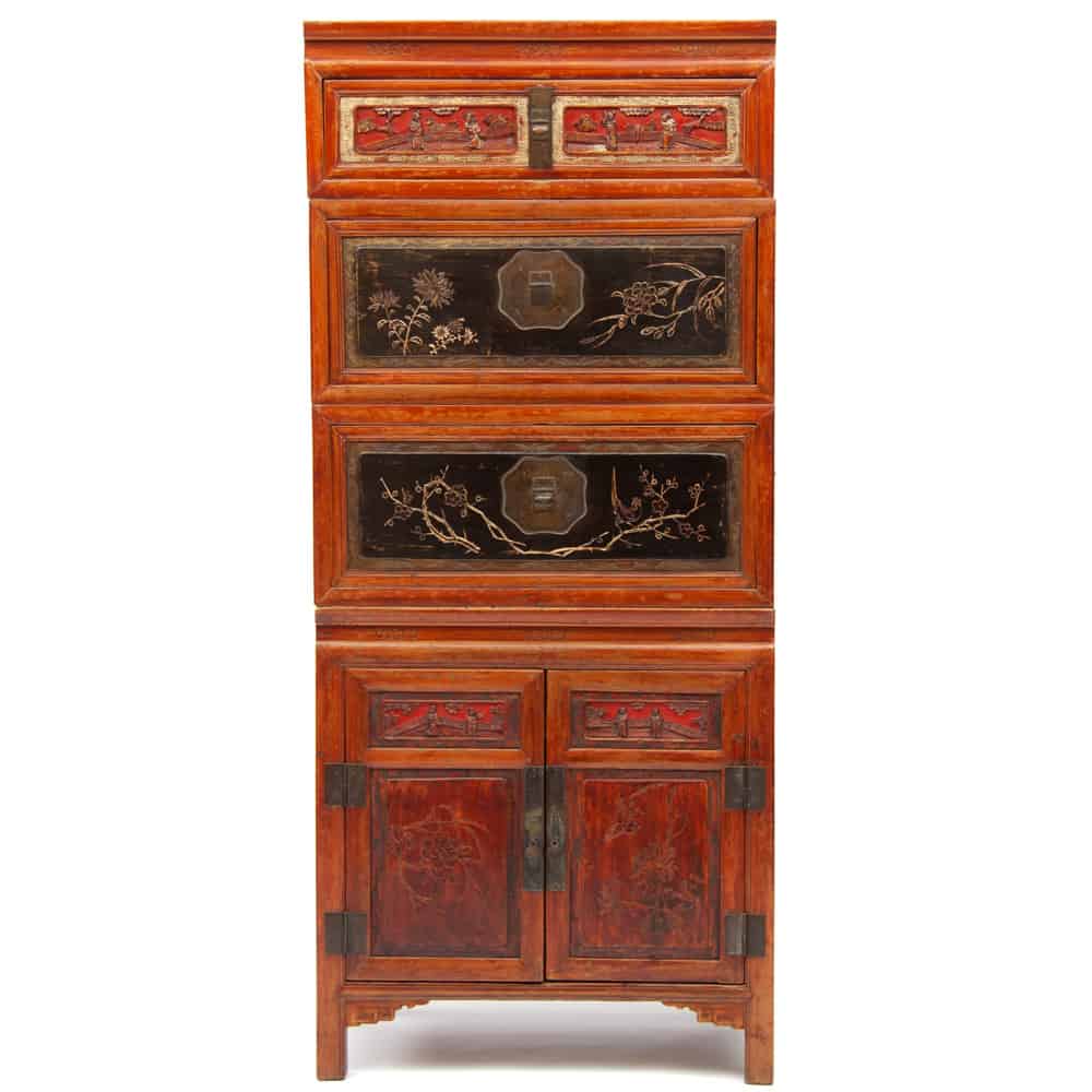 Early 20th century Chinese wedding chest and cabinet set - front view showing the relief carving of birds and flowers