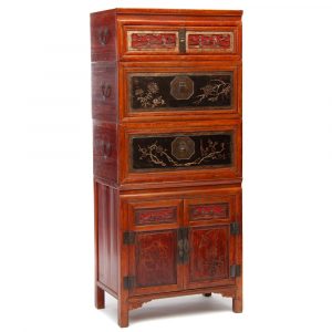 Early 20th century Chinese wedding chest and cabinet set - side view showing the handles