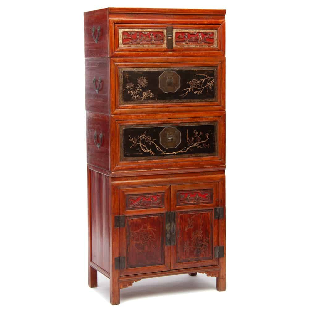 Early 20th century Chinese wedding chest and cabinet set - side view showing the handles