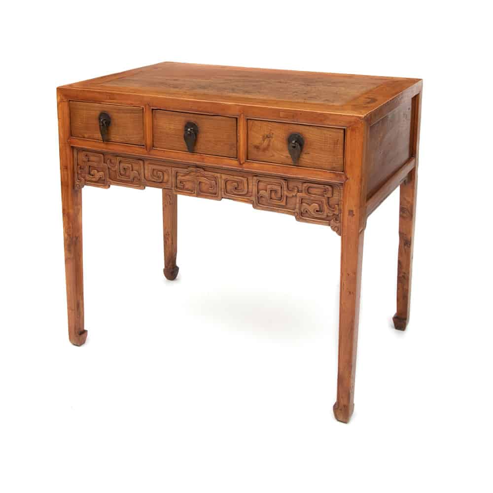 19th century Chinese three drawer side table with longevity carving three quarter view perspective