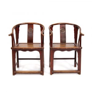 19th century horseshoe back armchairs with longevity medallion at Humble House gallery Canberra front view
