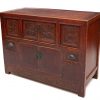Plum red lacquered Chinese cabinet with relief carving shows the class Chinese antique furniture