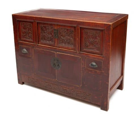 Plum red lacquered Chinese cabinet with relief carving shows the class Chinese antique furniture