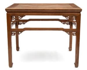 19th century Chinese display table with longevity spirals. Front view of the table only at Humble House gallery Canberra.