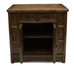 19th century Chinese wedding cabinet with open and relief carving - open view