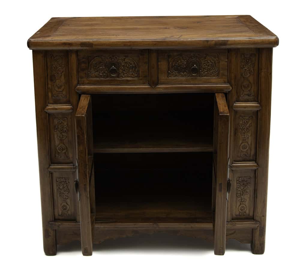 19th century Chinese wedding cabinet with open and relief carving - open view