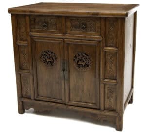 Three quarter perspective view of 19th century Chinese wedding cabinet with open and relief carving of deer and flowers only at Humble House gallery Canberra