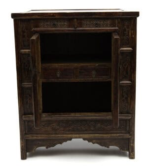 Open view of the 19th century linen cabinet with peony medallions at Humble House gallery.