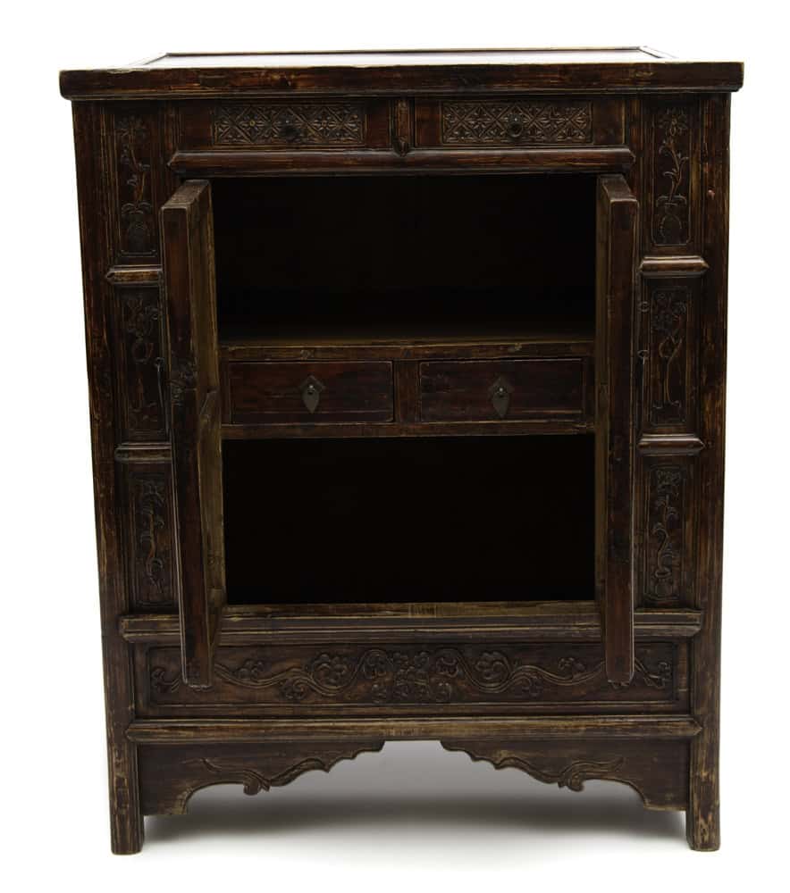 Open view of the 19th century linen cabinet with peony medallions at Humble House gallery.