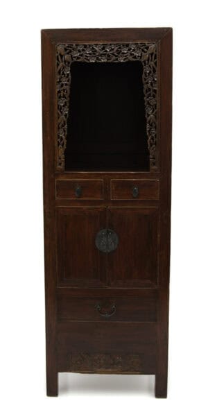 19th century Chinese linen cabinet with open carving of plum blossoms symbolising the Five Blessings of happiness, good health, love of virtue, long life and a natural passing - front view