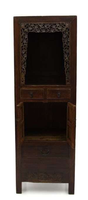 19th century Chinese linen cabinet with open carving of plum blossoms symbolising the Five Blessings - open view