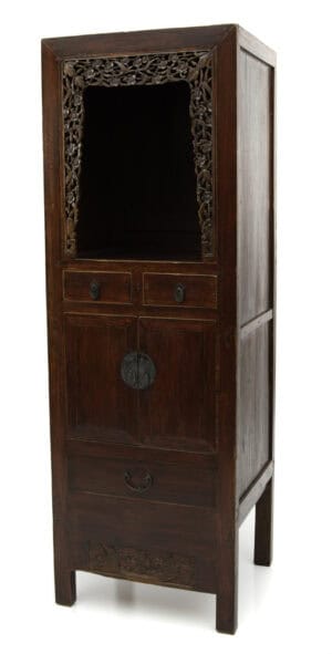 19th century Chinese linen cabinet with plum blossom carving - side perspective