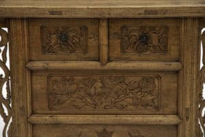 19th century Chinese two drawer coffer - detail showing the flying horse above the phoenix and peony