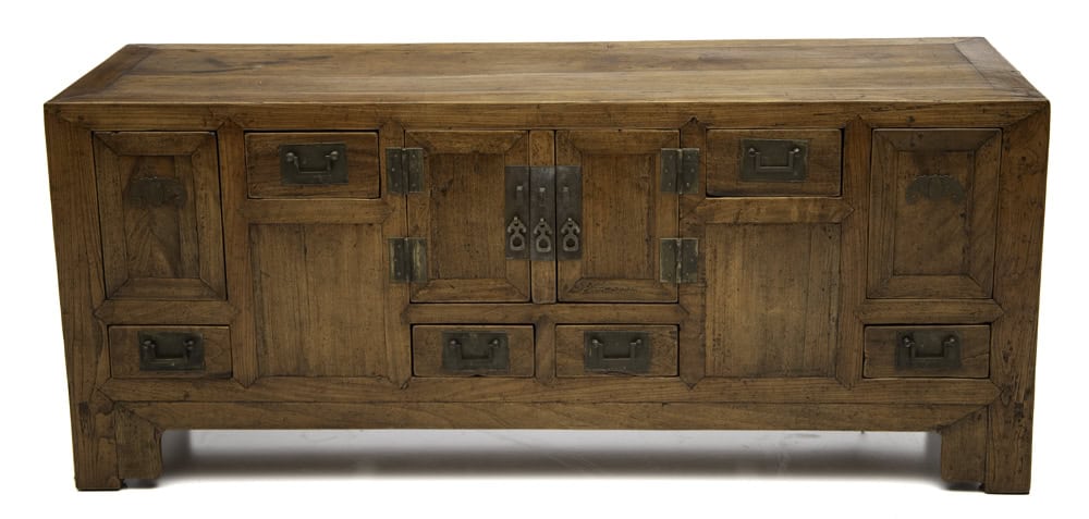 Early 20th century Chinese softwood low cabinet with original bat-shaped fittings and hardware.