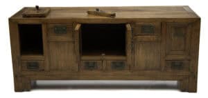Softwood low cabinet with bat-shaped fittings and open storage compartments.