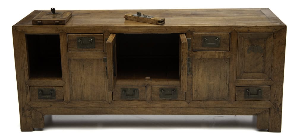 Softwood low cabinet with bat-shaped fittings and open storage compartments.
