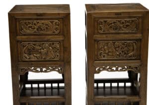 Pair of 19th century carved wooden tea stands with Daoist immortal carving from Humble House gallery.
