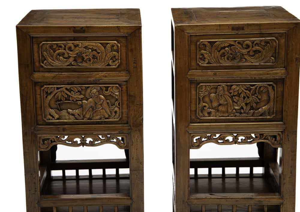 Pair of 19th century carved wooden tea stands with Daoist immortal carving from Humble House gallery.