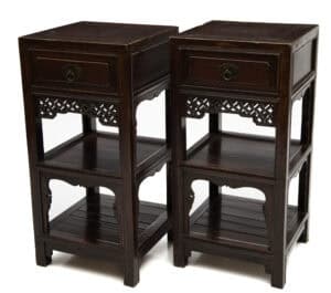 Pair of traditional 19th century Chinese tea stands with intricate peach motifs from Humble House gallery.