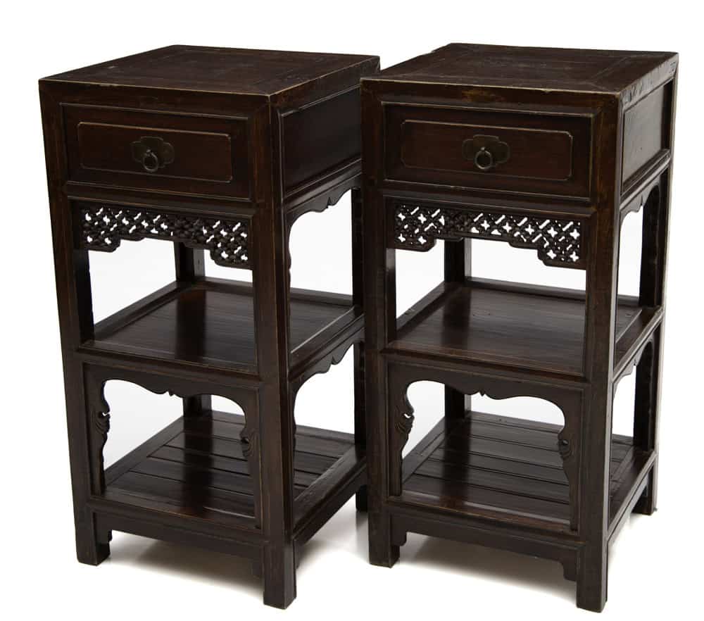 Pair of traditional 19th century Chinese tea stands with intricate peach motifs from Humble House gallery.