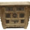 Ornate carved Chinese elmwood coffer with multiple drawers, antique furniture piece from the 18th century.
