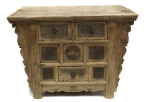 Ornate carved Chinese elmwood coffer with multiple drawers, antique furniture piece from the 18th century.