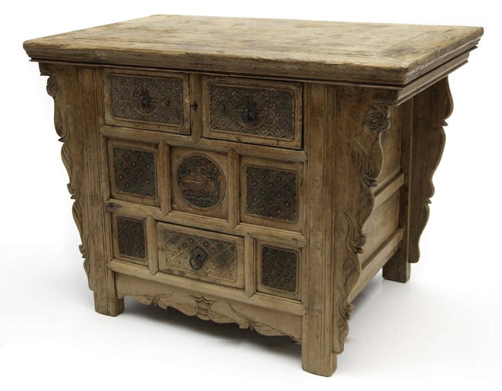 Antique 18th century Chinese elmwood coffer with fine carving angled view.